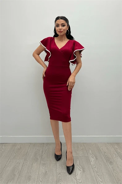 Crep Kumaş Volanlı Elbise - Bordo
