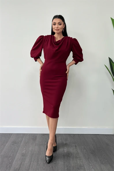 Krep Kumaş Degaje Yaka Kalem Elbise - BORDO