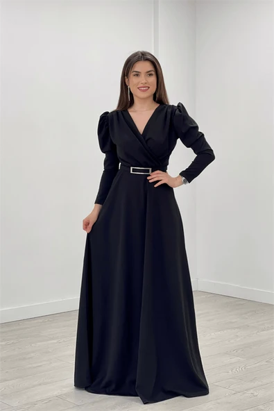 Krep Kumaş Kruvaze Yaka Kiloş Elbise - SİYAH - 2