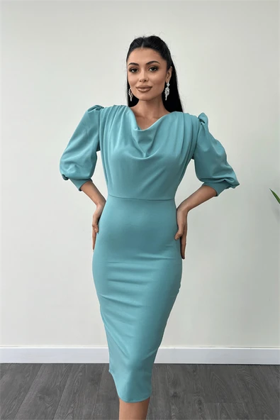 Krep Kumaş Degaje Yaka Kalem Elbise - MİNT YEŞİLİ - Resim 3