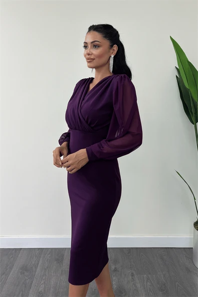 Krep Kumaş Kollar Tül Kalem Elbise - PATLICAN MOR - 3