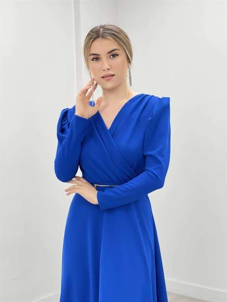 Krep Kumaş Kruvaze Yaka Kiloş Elbise - SAKS MAVİ - 4