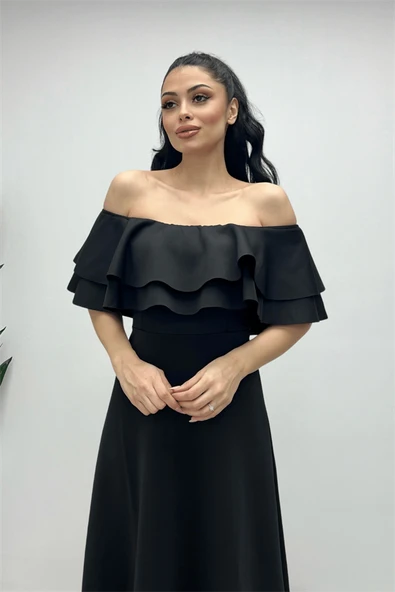 Volanlı Elbise - Siyah