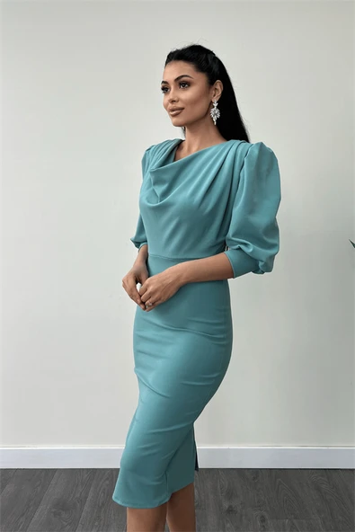 Krep Kumaş Degaje Yaka Kalem Elbise - MİNT YEŞİLİ - Resim 4