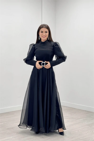 İthal Organze Krep Kumaş Abiye Elbise - SİYAH - 2