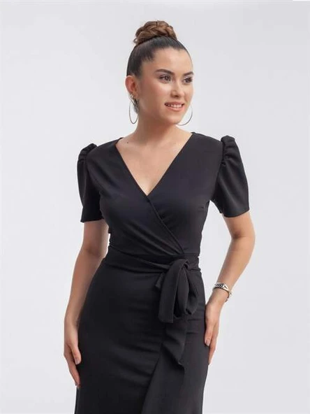 Crep Kumaş Midi Elbise  - Siyah - 3
