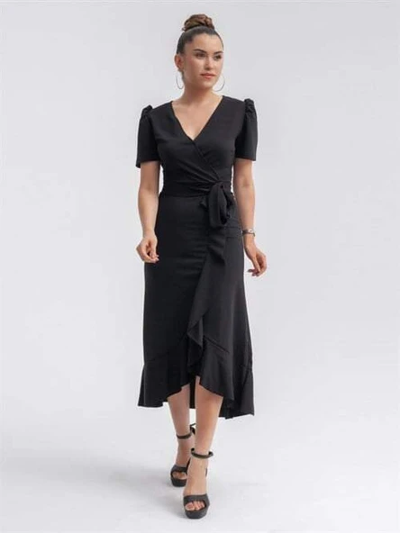 Crep Kumaş Midi Elbise  - Siyah - 2