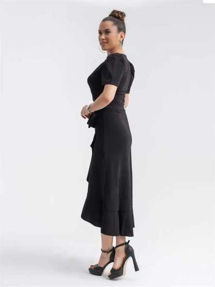 Crep Kumaş Midi Elbise  - Siyah - 5