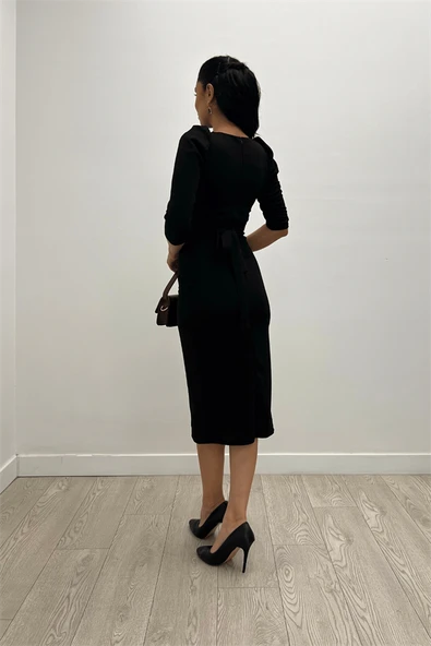 Krep Kumaş Midi Boy Elbise - Siyah - 5