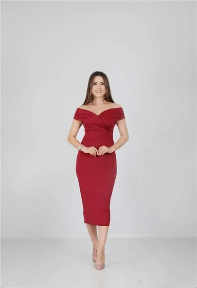Kayık Yaka Kalem Elbise - Bordo