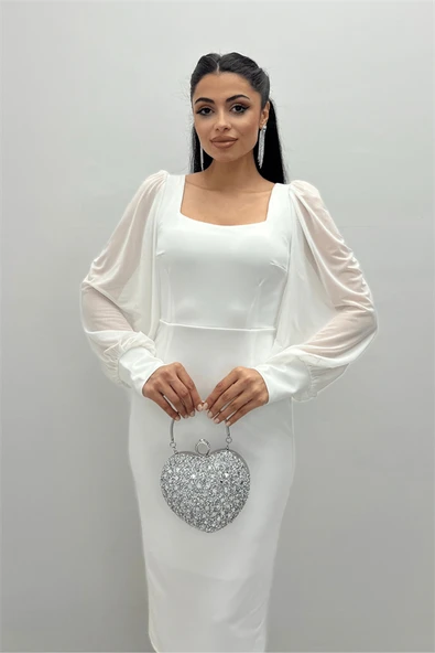 Krep Kumaş Kare Yaka Kalem Elbise - BEYAZ - 3