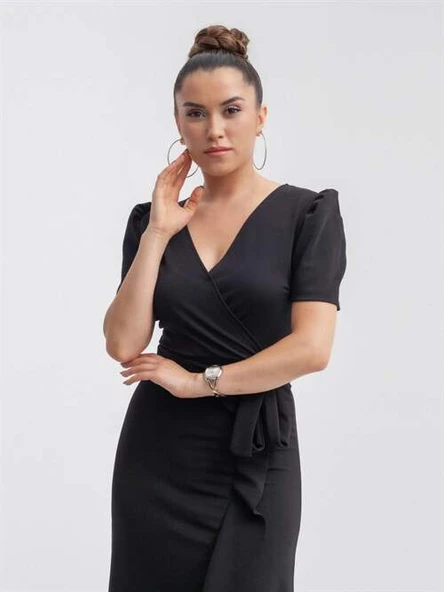 Crep Kumaş Midi Elbise  - Siyah - 4