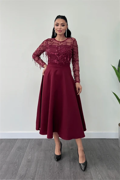 Üst Saçaklı Payet Alt Double Kumaş Midiboy Elbise - BORDO