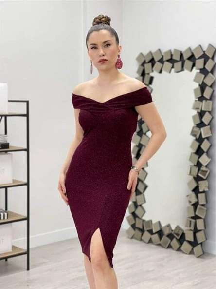 Simli Kumaş Kayık Yaka Elbise - BORDO