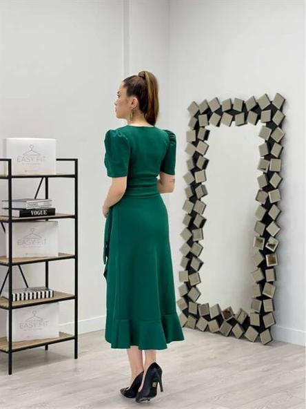 Crep Kumaş Midi Elbise  - ZÜMRÜT YEŞİL - 5