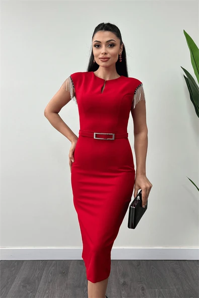 Atlas Kumaş Omuz Taşlı Püsküllü Elbise - KIRMIZI - Resim 3