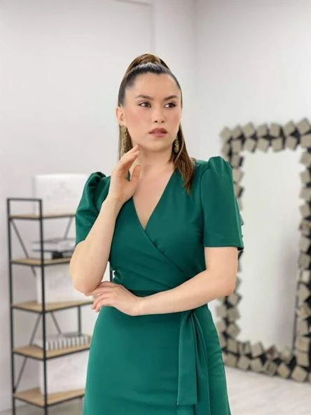 Crep Kumaş Midi Elbise  - ZÜMRÜT YEŞİL - 4