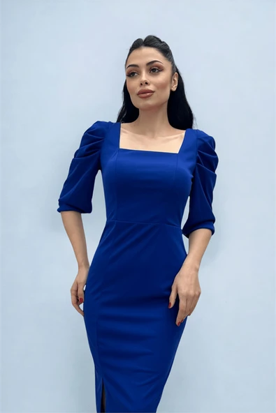 Örme Krep Kumaş Kare Yaka Yırtmaçlı Elbise - SAKS MAVİ - 3