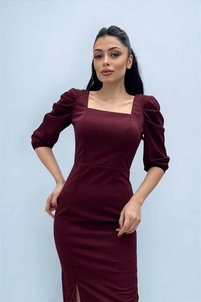 Örme Krep Kumaş Kare Yaka Yırtmaçlı Elbise - BORDO