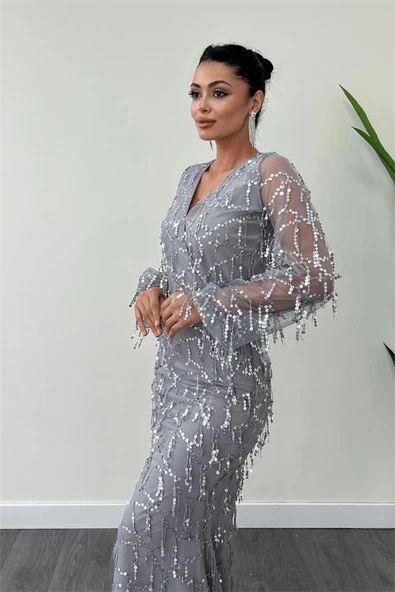 Pul Saçaklı Tasarım Elbise - GRİ - Resim 4