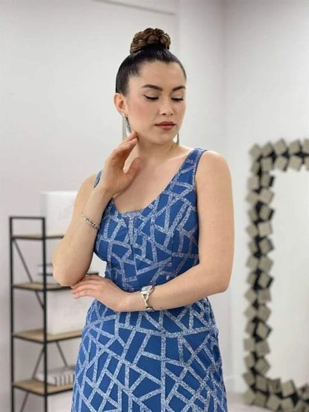 Tül Payet Tasarım Balık Elbise - İNDİGO MAVİ - Resim 4