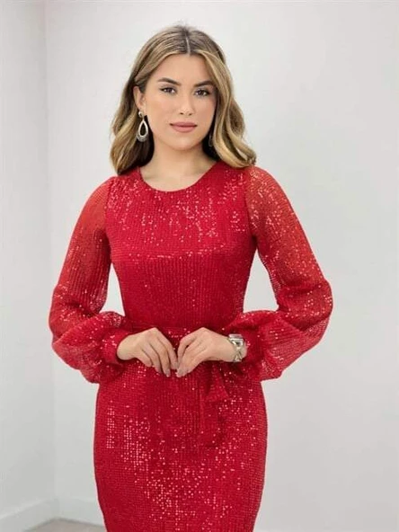 Tül Payet Tasarım Elbise  - KIRMIZI - 3