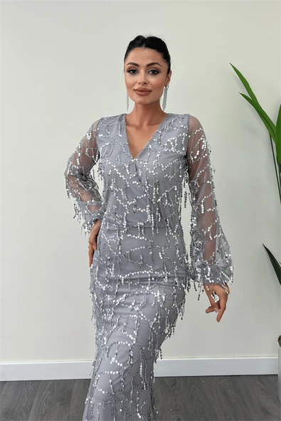 Pul Saçaklı Tasarım Elbise - GRİ - Resim 3