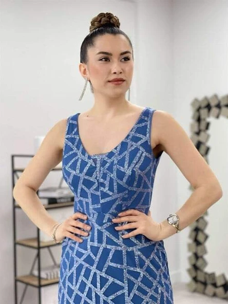 Tül Payet Tasarım Balık Elbise - İNDİGO MAVİ - Resim 3