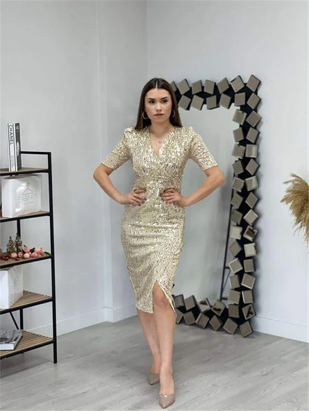 Kadife Payet Ceket Elbise - GOLD
