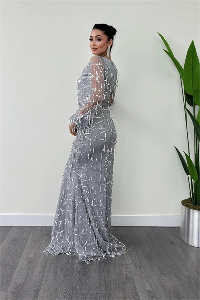 Pul Saçaklı Tasarım Elbise - GRİ - Resim 5