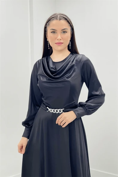 Saten Kumaş Degaje Yaka Abiye Elbise - SİYAH - 3