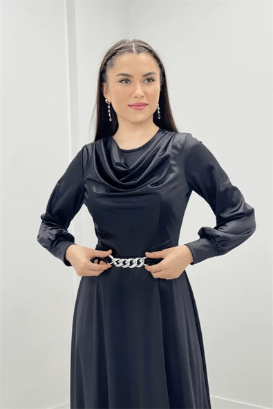 Saten Kumaş Degaje Yaka Abiye Elbise - SİYAH - 4