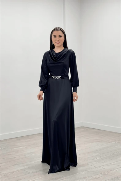 Saten Kumaş Degaje Yaka Abiye Elbise - SİYAH