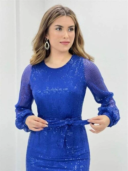 Tül Payet Tasarım Elbise  - SAKS MAVİ - 4