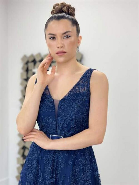 Simli Kumaş Kalın Askılı Midi Elbise - LACİVERT - 3