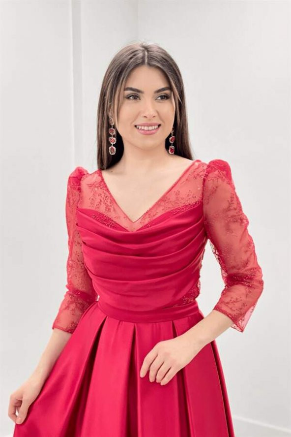 Üst Simli Tül Kumaş Alt Saten Kumaş Pileli Elbise - KIRMIZI - 3