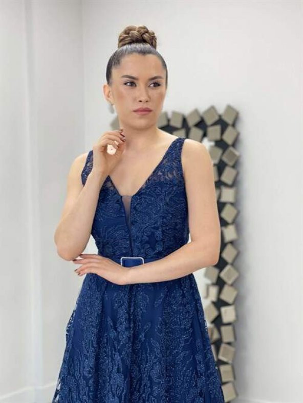 Simli Kumaş Kalın Askılı Midi Elbise - LACİVERT - 4