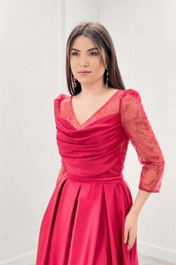 Üst Simli Tül Kumaş Alt Saten Kumaş Pileli Elbise - KIRMIZI - 4