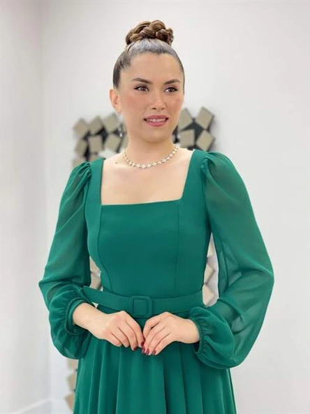 Şifon Krep Kumaş Kare Yaka Midi Elbise - ZÜMRÜT YEŞİL - 3