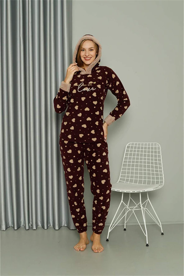 Angelino Welsoft Polar Kadın Kapşonlu Pijama Takımı 8513