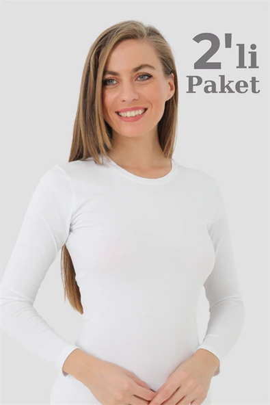 Angelino İç Giyim Kadın Beyaz Ribana Uzun Kollu Badi 2'Li Paket