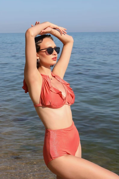 Angelino İç Giyim Kadın Fırfırlı Yüksek Bel Kiremit Alt Üst Bikini Set 35010 - 6