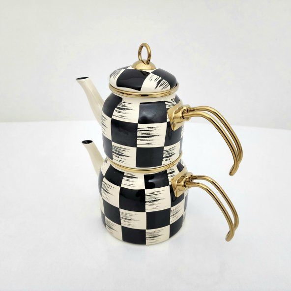 Acar Kitchen Beyond Dama Desen Siyah-Krem Mini Emaye Çaydanlık Takımı 5758 - 2