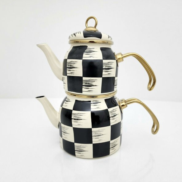 Acar Kitchen Beyond Dama Desen Siyah-Krem Mini Emaye Çaydanlık Takımı 5758 - 3