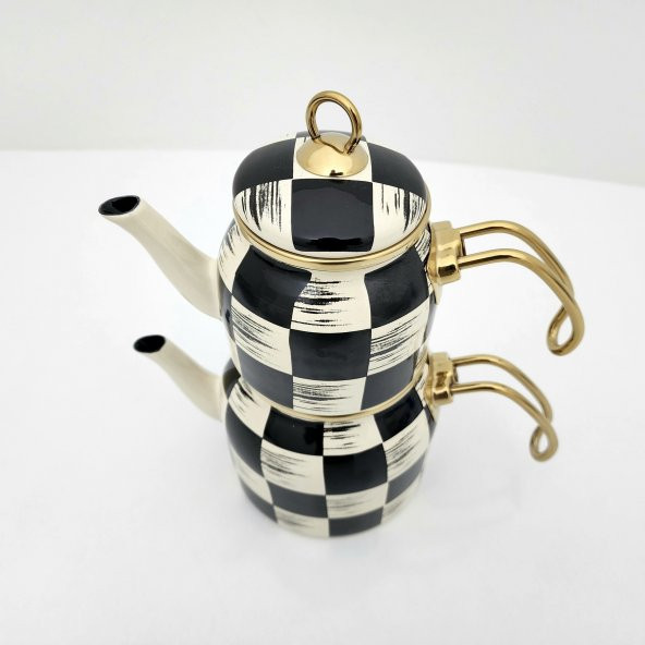 Acar Kitchen Beyond Dama Desen Siyah-Krem Mini Emaye Çaydanlık Takımı 5758 - 4