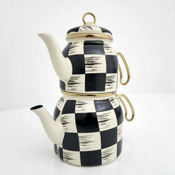 Acar Kitchen Beyond Dama Desen Siyah-Krem Mini Emaye Çaydanlık Takımı 5758 - 5