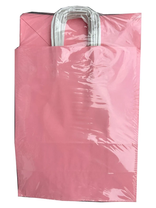 Büküm Saplı Kraft Kağıt Çanta Karton Hediyelik Poşet Torba - Pembe - 18x24 Cm. - 25 Adetlik 2 Paket