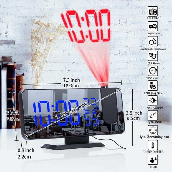 DailyTech Çok Fonksiyonlu Masaüstü Saat (FM Radio Alarm Projeksiyon Sıcaklık Alarm) - 3
