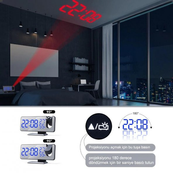 DailyTech Çok Fonksiyonlu Masaüstü Saat (FM Radio Alarm Projeksiyon Sıcaklık Alarm) - 10