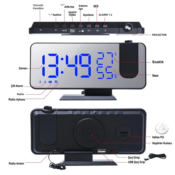 DailyTech Çok Fonksiyonlu Masaüstü Saat (FM Radio Alarm Projeksiyon Sıcaklık Alarm) - 5
